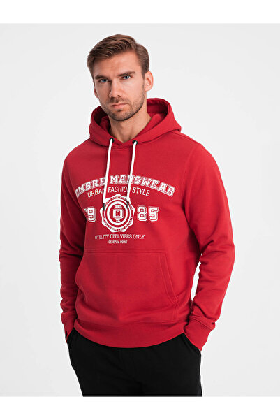 OMBRE Men's college style printed kangaroo hoodie - red V1 OM-SSPS-0143 XL