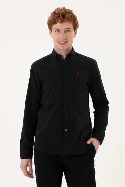 U.S. Polo Assn. Черна ленена мъжка риза - основен модел 50288648 -vr046