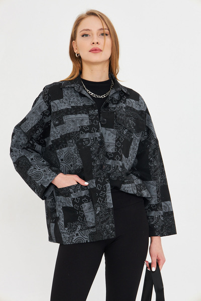 armonika Women's Black Print Pocket Detail Shirt Jacket Arm-25K 001071