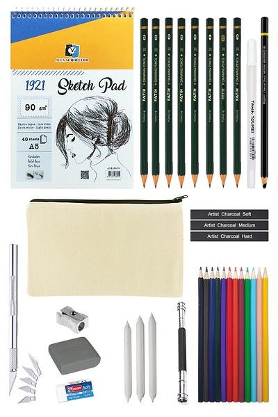 ACUTO Alex Schoeller A5 Sketchbook Canvas Sketching Set with Cloth Bag Charcoal Drawing Set Colored Gel Pen