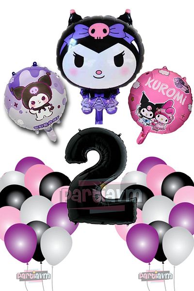 PARTİAVM 2 Year Old Kuromi Theme Balloon Pink Black White Purple Balloon - Black Number Balloon and Printed Foil Balloon