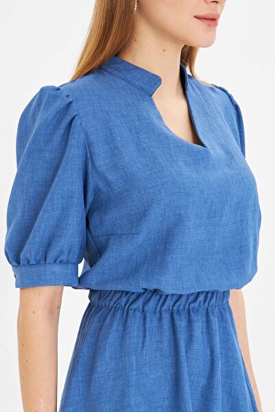 armonika Rochie evazată cu mânecă scurtă, albastru închis, cu decolteu în V, cu talie elastică ARM-25Y 001001