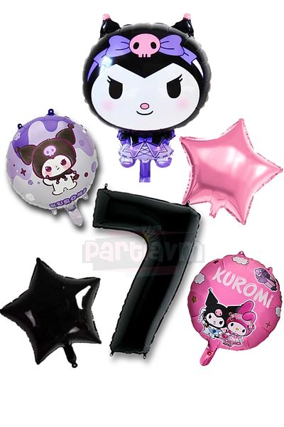 PARTİAVM 7 Year Old Kuromi Theme Balloon Pink Black Star Foil Balloon - Black Number Balloon and Printed Foil Balloon