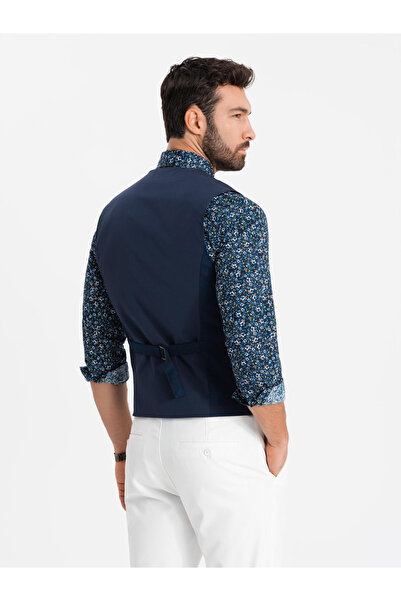 OMBRE Ανδρικό γιλέκο χωρίς ρεβέρ σε λεπτή καρό - navy blue V1 OM-BLZV-0123 L