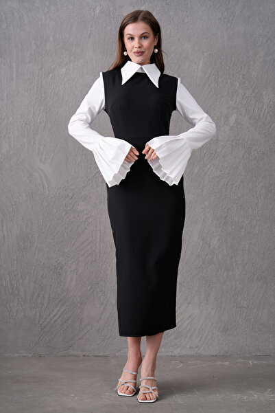 4S1B FASHION Rochie creion midi cu mâneci cu guler cămașă din țesătură Atlas ...