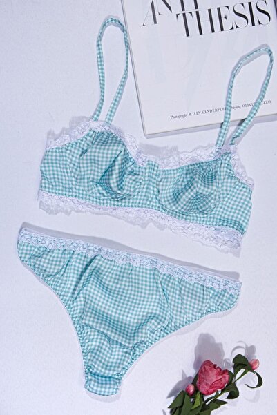 Kübra Tekstil Жіночий бюстгальтер без кісточок з мереживом та зеленим атласом...