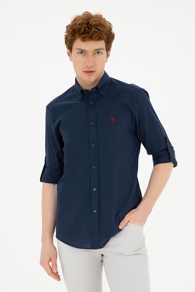 U.S. Polo Assn. Мъжка ленена риза в тъмносиньо базово 50288648-VR033