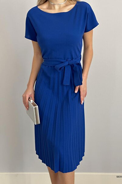 Deafox Φόρεμα Saks Μπλε Ζώνη Πλισέ