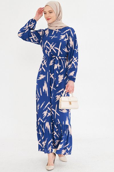 armonika Μακρύ χιτζάμπ φόρεμα με φερμουάρ Navy Blue - Λαιμόκοψη, βολάν φούστα, ζώνη ARM-25K 001101