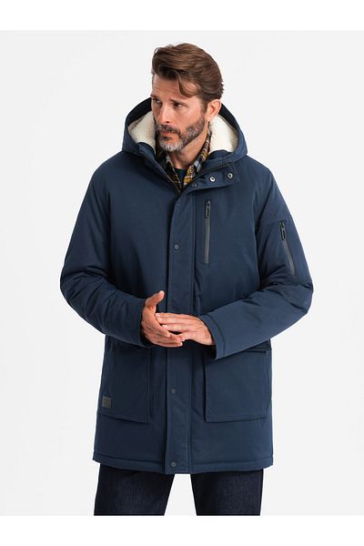 OMBRE Men's long parka sherpa jacket – navy blue V2 OM-JALJ-0181 XXL
