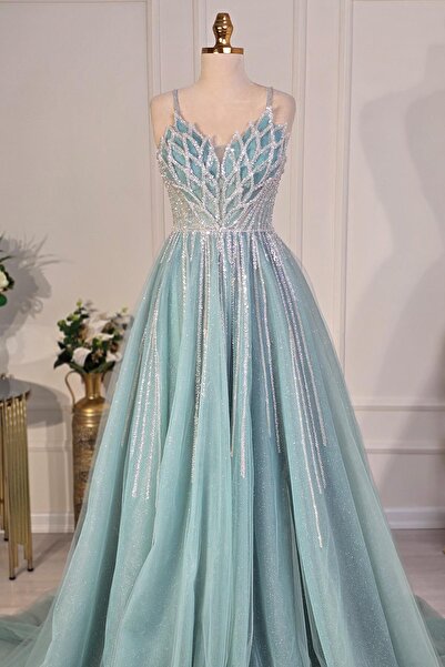 Yonca Moda Evi Mint Yeşili Yaprak İşlemeli Helen Nişanlık 7914