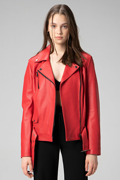 Dericlub Scarlett Kadın Jumbo Biker Hakiki Deri Mont Nar Çiçeği