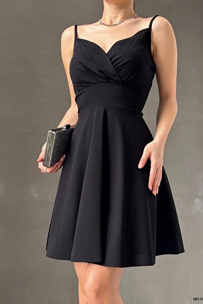 Deafox Crepe Fabric Black Thin Strap Flared Dress