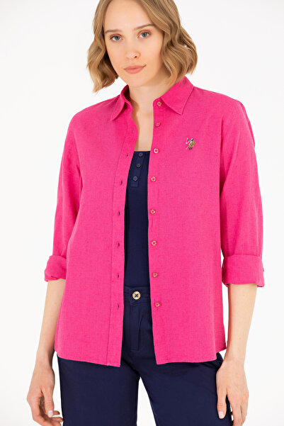 U.S. Polo Assn. Cămașă de bază cu mânecă lungă, cu aspect de in, fucsia, pent...