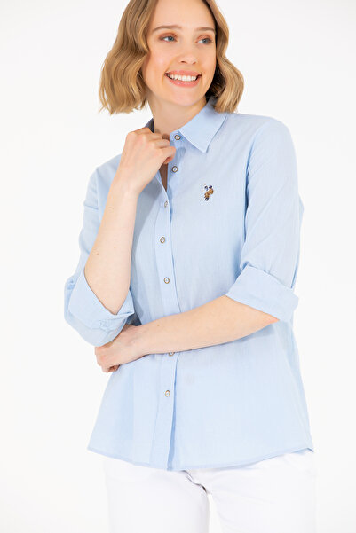 U.S. Polo Assn. Kadın Açık Mavi Keten Görünümlü Uzun Kollu Basic Gömlek 50262...