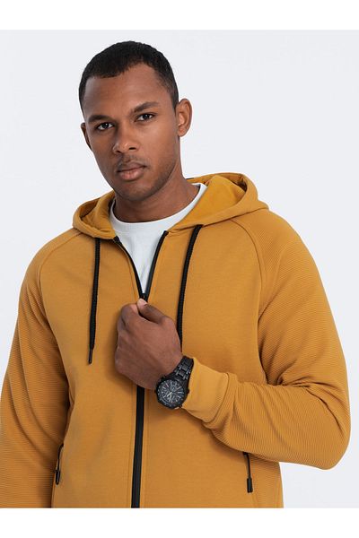OMBRE Aufgeknöpftes Kapuzensweatshirt für Herren - Senfgelb V7 OM-SSZP-0124 M