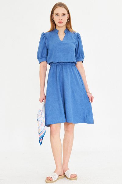 armonika Rochie evazată cu mânecă scurtă, albastru închis, cu decolteu în V, cu talie elastică ARM-25Y 001001