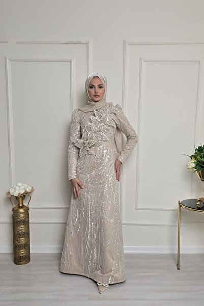 Yonca Moda Evi Ekru Demonte Çiçekli Özel Tasarım Elbise 7929