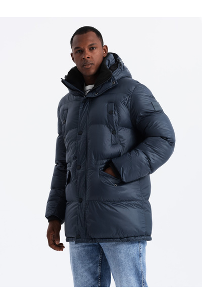 OMBRE Pánská dlouhá bunda s kapsami na patentky - tmavě modrá V3 OM-JALJ-0186 XXL