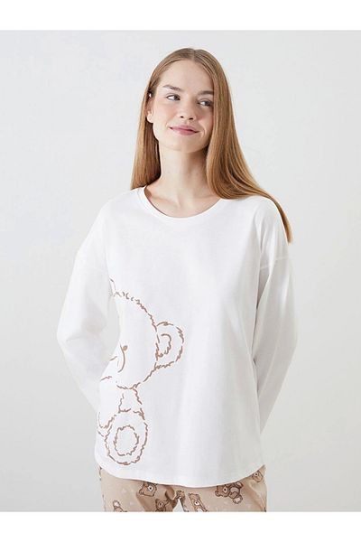 LC Waikiki Σετ γυναικείες πιτζάμες LCW Young Beige Crew με στάμπα