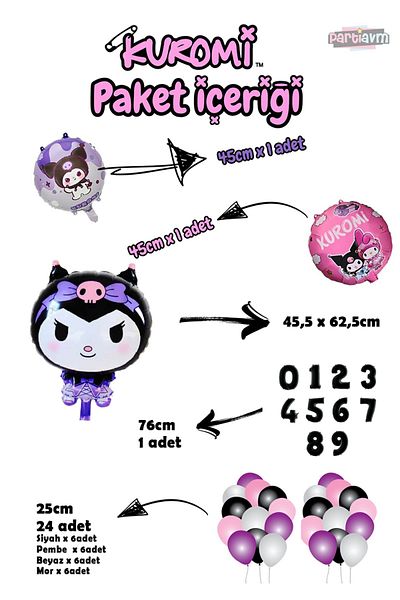 PARTİAVM 3 Year Old Kuromi Theme Balloon Pink Black White Purple Balloon - Black Number Balloon and Printed Foil Balloon