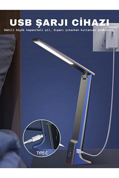 sz master bilişim Şarjlı Katlanabilir Kitap Okuma LED Masa Lambası Masaüstü Işık Çalışma Lambası Göz Koruyucu Lamba