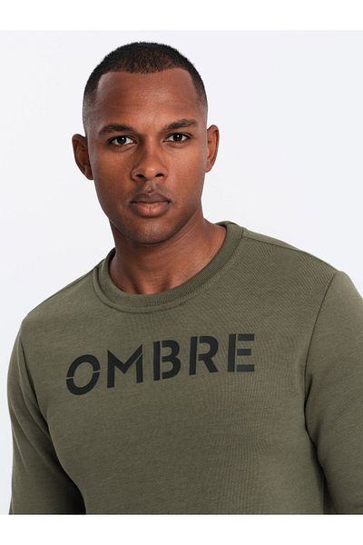 OMBRE Classic men's sweatshirt with inscription - dark olive V2 OM-SSPS-0181 XL