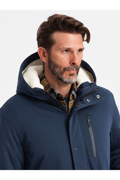 OMBRE Men's long parka sherpa jacket – navy blue V2 OM-JALJ-0181 XXL