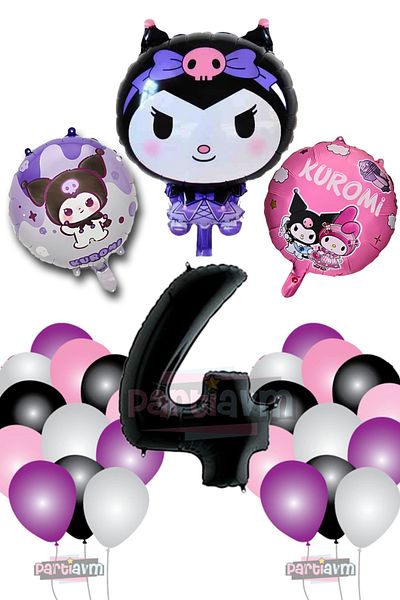 PARTİAVM 4 Year Old Kuromi Theme Balloon Pink Black White Purple Balloon - Black Number Balloon and Printed Foil Balloon