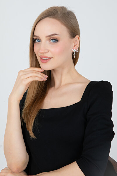 Furtek Aksesuar Kadın Minimal Sallantılı Fiyonk Kurdele Zirkon Küpe Trend Zarif Düğün Nişan Parıltılı