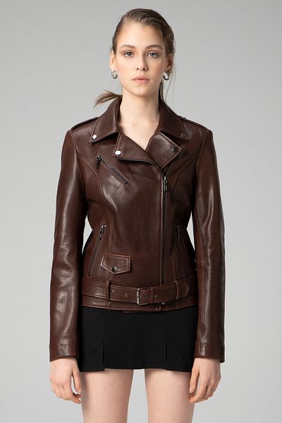 Dericlub Scarlett Women - Genuine Leather Jumbo Biker Coat Hazelnut