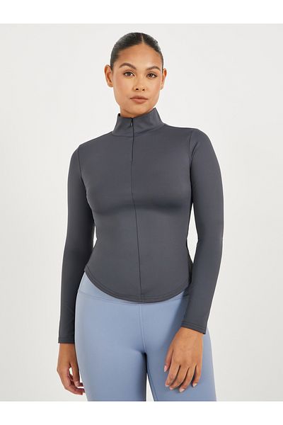 Styli Curved Hem Half Zip Long Sleeve Top