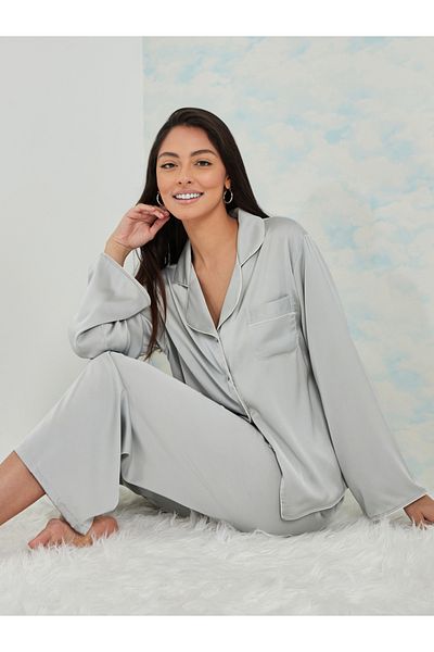 Styli Solid Piped Button Through Shirt & Pyjama Set