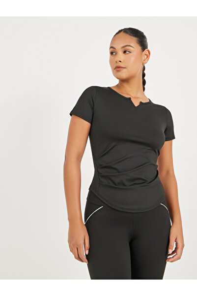 Styli Gathered Curved Hem Detail Notch Neck Top