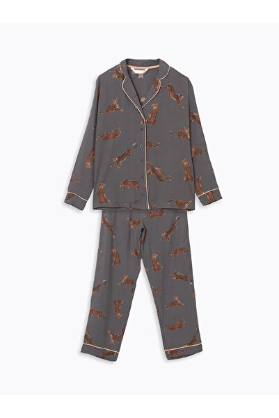 LC Waikiki LCW DREAM Antrasit Gömlek Yaka Leopar Desenli Kadın Pijama Takımı