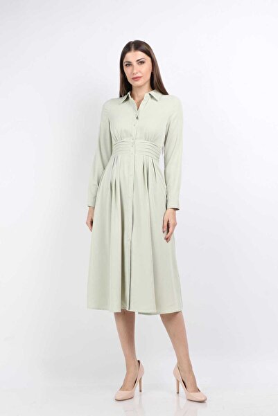 mica فستان متوسط الطول بياقة قميص وأزرار أمامية وأكمام طويلة