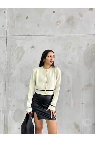 charm butik Γυναικεία ζακέτα με ριγέ χρυσό γιακά ποδηλάτου Crop πλεκτά