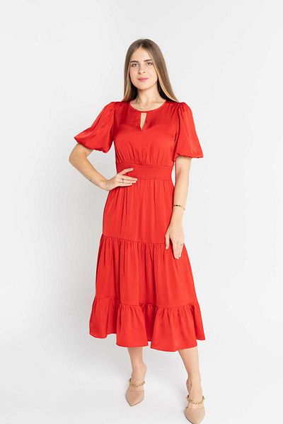 mica Plain Midi Dress with Waist and Short Sleeves for Women