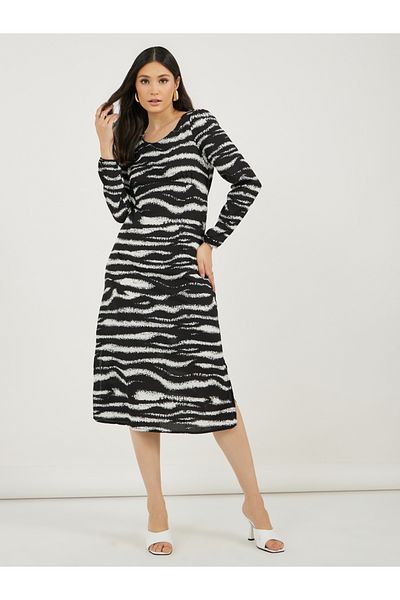 Styli Animal Print Long Sleeves A-Line Midi Dress