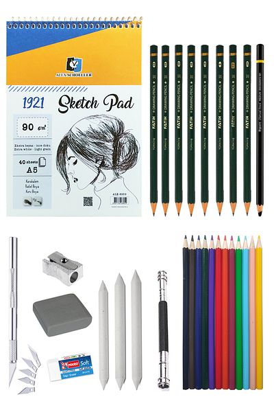 ACUTO Alex Schoeller A5 Sketchbook 90g Sketching Set Graded Pencil Set 12-Piece Charcoal Drawing Set