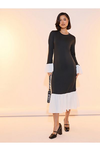 Take Two By Styli Contrast Hem Round Neck Bodycon Midi Dress