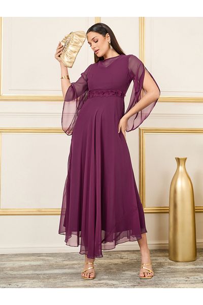 Styli Floral Applique Mesh Slit Sleeves A-Line Maxi Dress