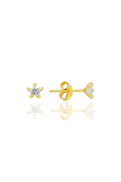 Söğütlü Silver Gümüş zirkon taşlı, altın yaldızlı, yıldız kesim 4 mm tektaş küpe SGTL12736GOLD