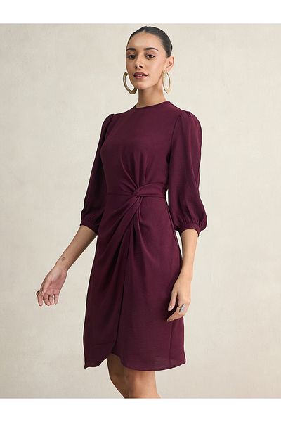 Styli Knot Detail Wrap Front Knee Length Dress