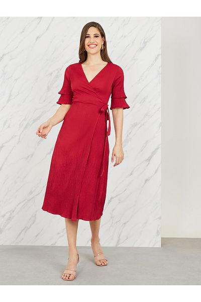 Styli Crepe Frill Layer Sleeves Wrap Midi Dress
