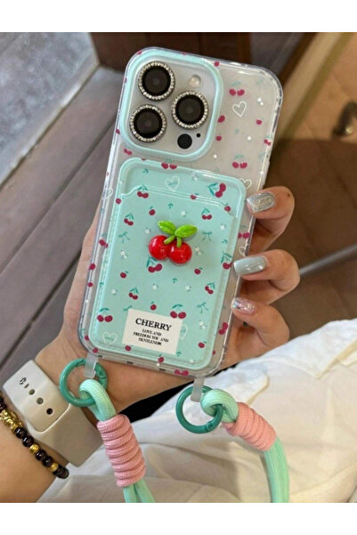 FİŞNEİLETİŞİM 15 PRO UYUMLU KİRAZ DESENLİ KREDİ KARTLIKLI BİLEK AKSESUARLI KILIF