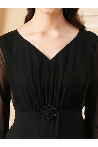 Mish By Styli Beaded Georgette Maxi Dress with Slit Hem