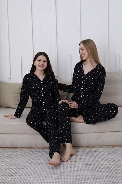 KAPİTEX Set de pijamale cu nasturi de culoare neagră pentru mama și fiica