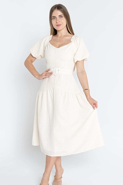 mica فستان نسائي متوسط الطول بأكمام قصيرة ورباط حول الخصر