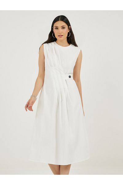 Styli Pleated Front Sleeveless A-Line Midi Dress